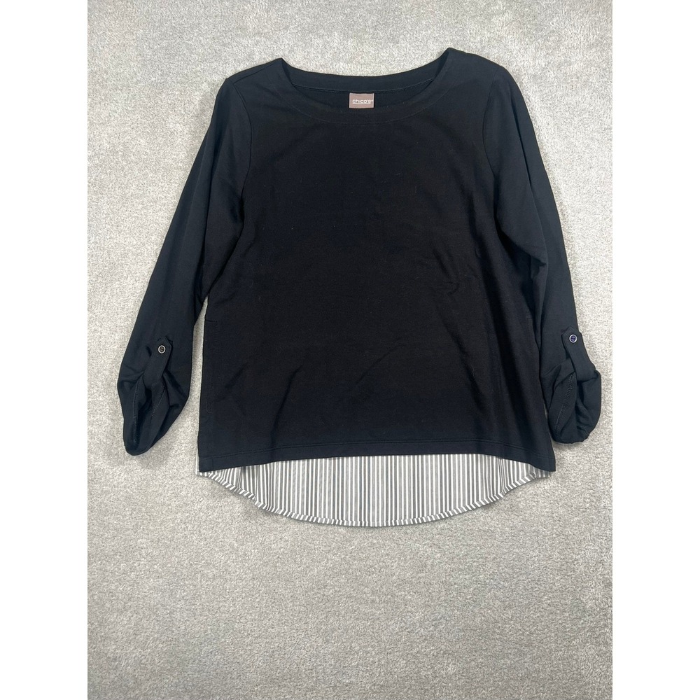 Chico's Black Layered Look Pullover Top Striped Trim Roll Tab Sleeve Size Medium - Picture 2 of 9